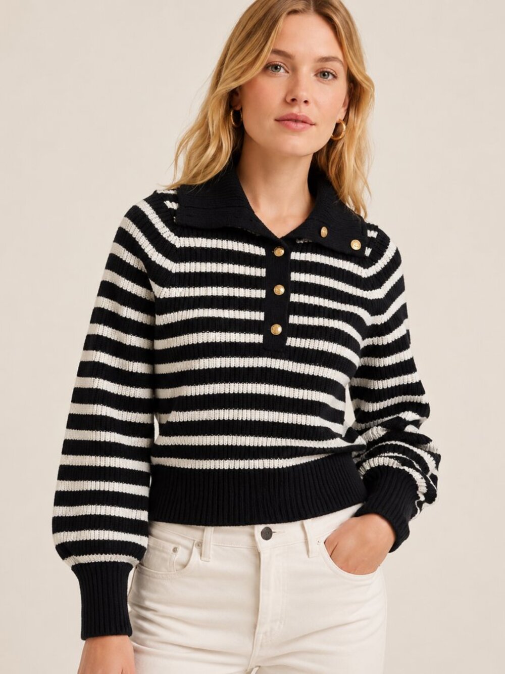 J.Crew Ribbed Cotton Button-Collar Sweater Black & White Stripe XS Gold Buttons